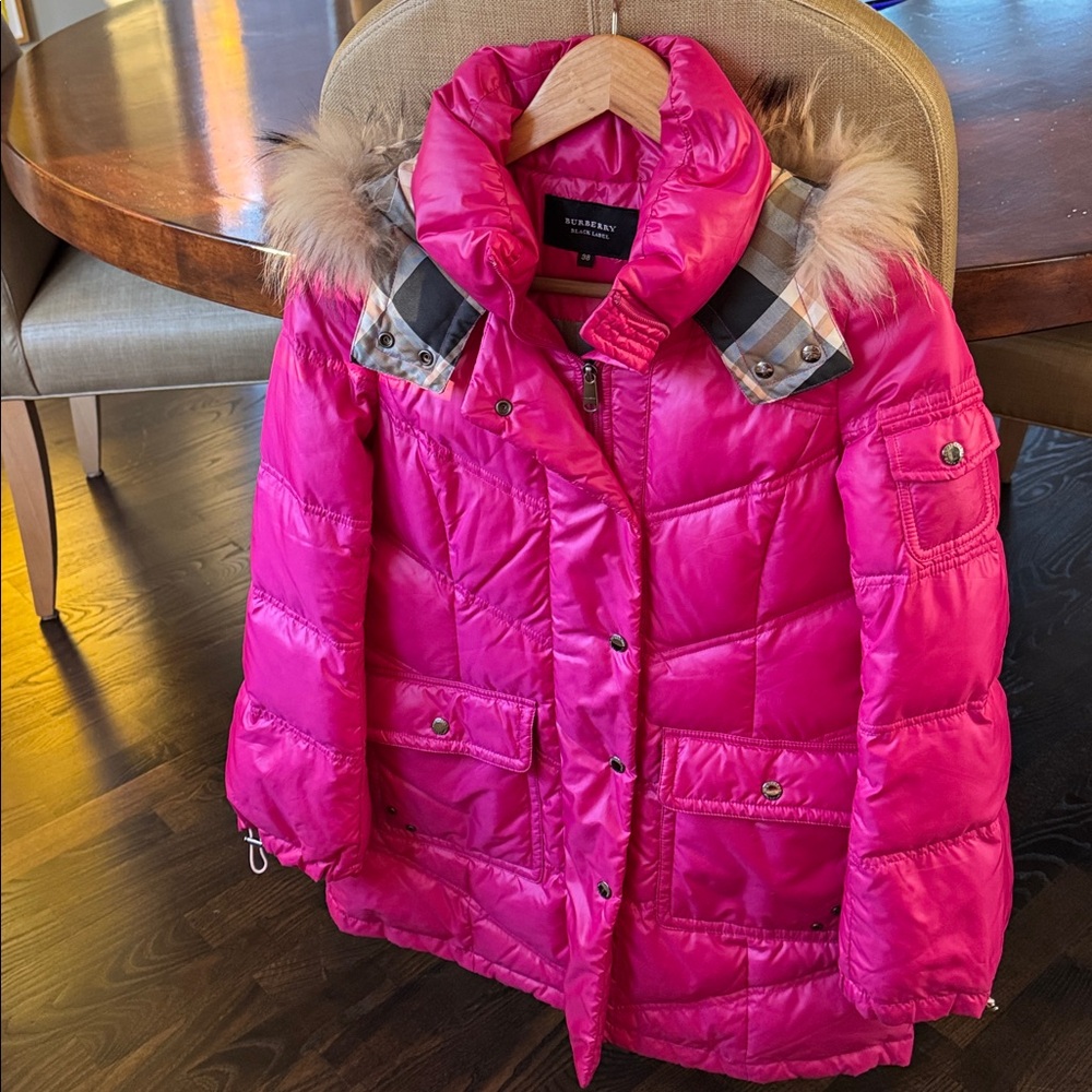 Burberry Pink Puffer Jacket with Faux Fur Hood